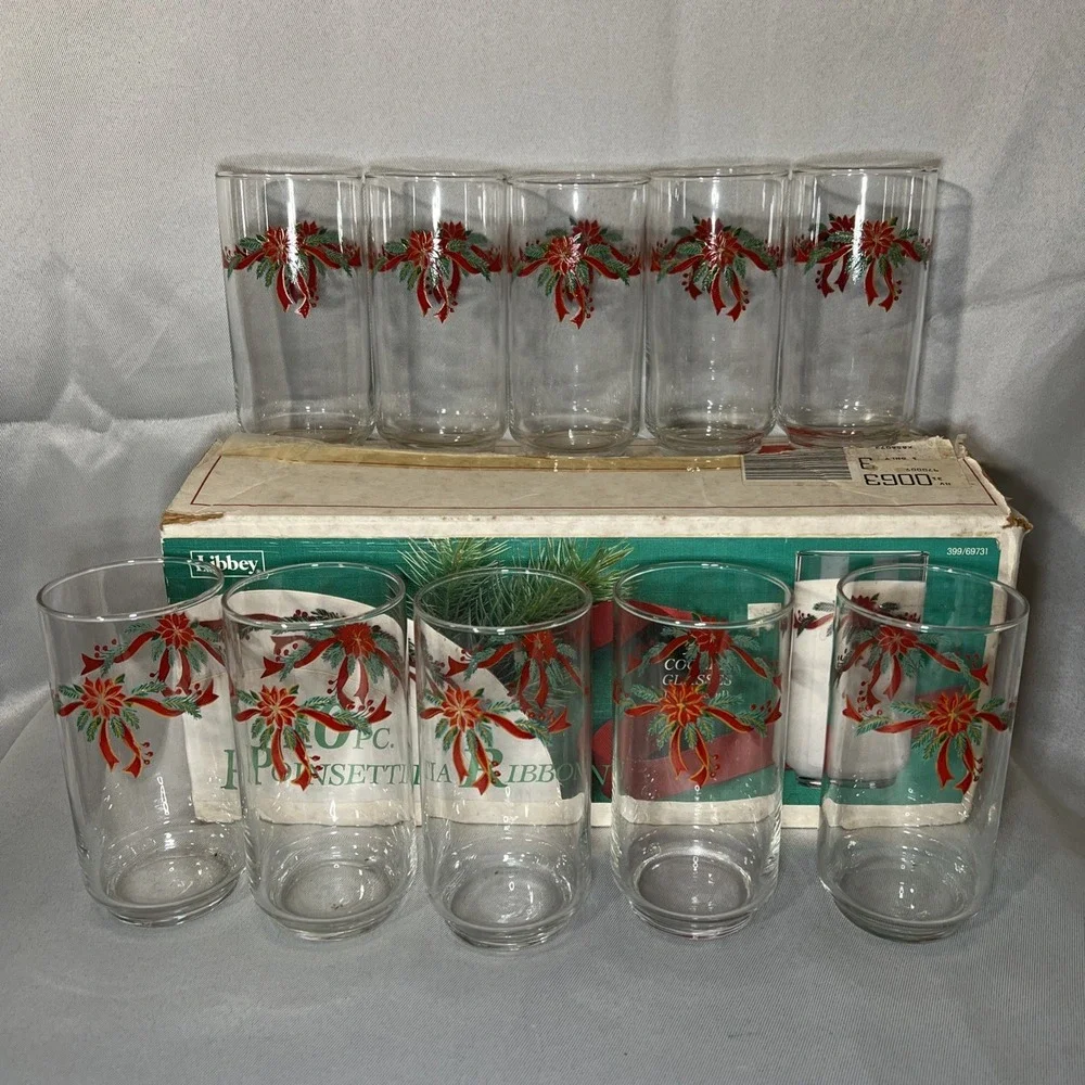 Vintage Libbey Christmas Drinking Glasses Set Of 10 EUC‎ 16 oz Original Box
